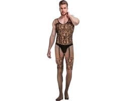 LekkerStout Heren Bodystocking - Open Kruis - Zwart - Sexy Herenlingerie | S-L | ( LS157 )