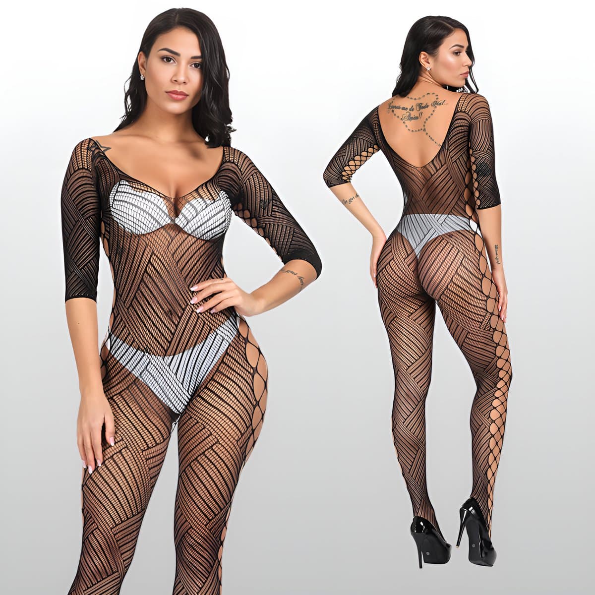 LekkerStout Visnet Catsuit met Open Zijkanten - Zwart - Driekwart Mouwen - One Size S-L | LS389 — afbeelding 1