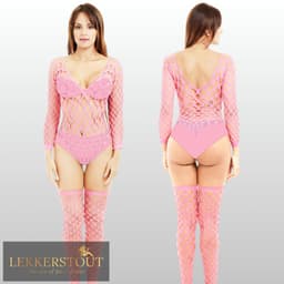 Sexy Visnet Bodysuit Met Kousen - Roze - Sexy Lingerie - One Size S L (36-40) | LS387 — thumbnail 3