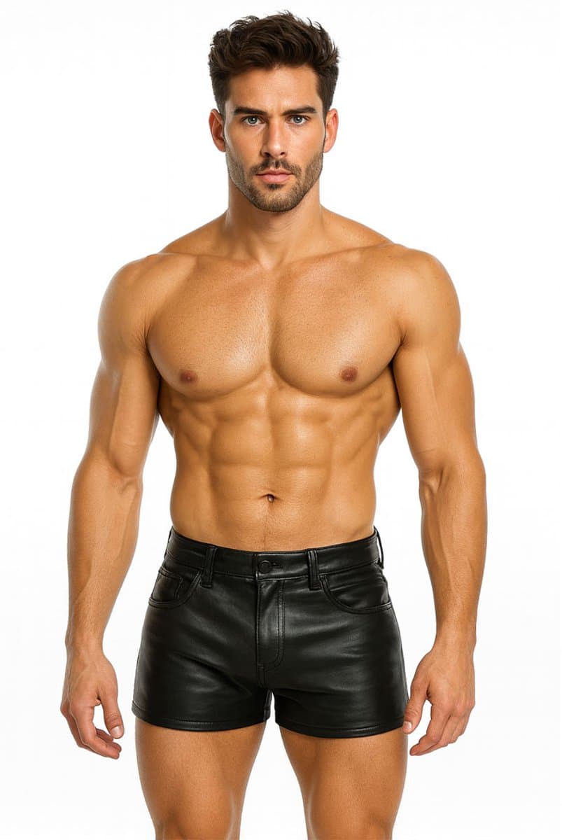 Korte lederen broek heren - Short - Zakken - Leer - Zwart — afbeelding 1