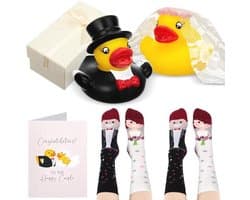 Badeenden huwelijkscadeauset met wenskaarten en bruiloftssokken - Grappig cadeau voor bruidspaar