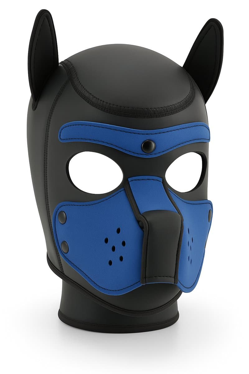 Neopreen Puppy Hood – neoprene Puppy Play Masker met Afneembare Snuit – Zwart/blauw — afbeelding 1