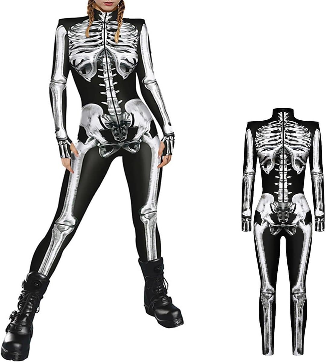 Halloween Jumpsuit Dames Skelet Kostuum 3D-Print Lange Mouwen Skinny Catsuit — afbeelding 1