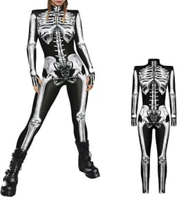 Halloween Jumpsuit Dames Skelet Kostuum 3D-Print Lange Mouwen Skinny Catsuit — thumbnail 1