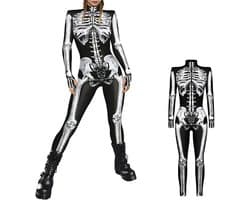Halloween Jumpsuit Dames Skelet Kostuum 3D-Print Lange Mouwen Skinny Catsuit