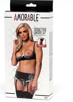 Amorable - Open Cup BH - Incl. String, Jarretelgordel en Kousen - Zwart/Wit - Maat S/M — thumbnail 4