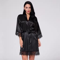 LOUZIR Sexy dames kimono - Zwart - Kant - Avondjas - Maat S/M - Satijnen badjas — thumbnail 2