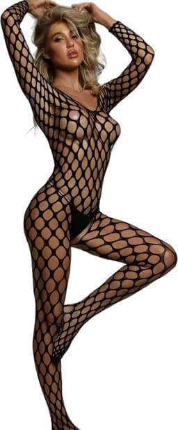Sexy Lingerie – Visnet Catsuit met Open Kruis – Erotische Bodystocking – One Size – Zwart — thumbnail 1
