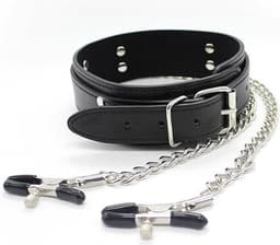 Bdsm Collar met tepelklemmen Bondage - Erotiek - Slave - Tepelklemmen - Lederen Ketting — thumbnail 1