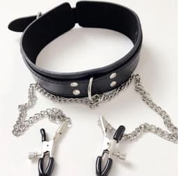 Bdsm Collar met tepelklemmen Bondage - Erotiek - Slave - Tepelklemmen - Lederen Ketting — thumbnail 6