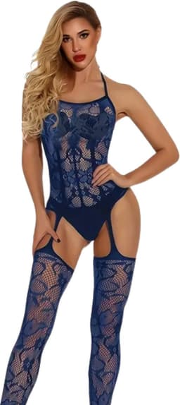 LekkerStout Plus Size Jarretel Bodystocking - Navy Blue - Sexy Lingerie | M-XL | ( LS090 ) — thumbnail 1