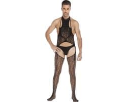 LekkerStout Heren Jarretel Bodysuit met Open Kruis - Zwart - Visnet Herenlingerie - One Size M-XL | LS161
