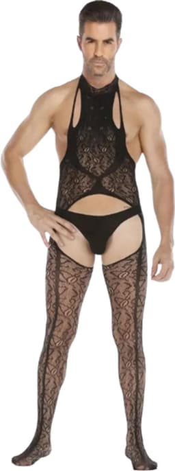 LekkerStout Heren Jarretel Bodysuit met Open Kruis - Zwart - Visnet Herenlingerie - One Size M-XL | LS161 — thumbnail 1