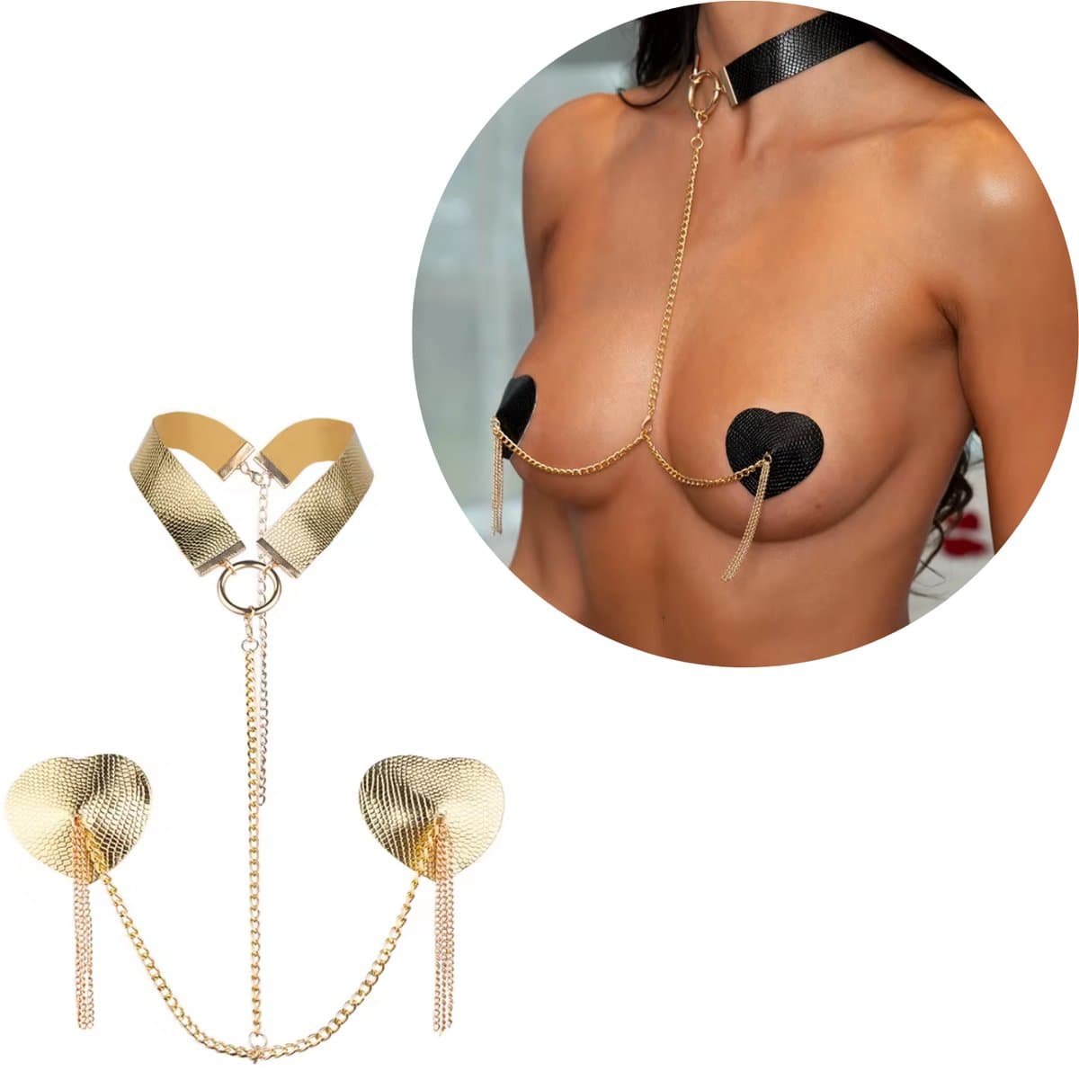 Sexy Tepel Covers voor Vrouwen - Hartvormige Nipple Covers met Choker en Ketting - Verleidelijke Tepelstickers - Tepelplakkers - Goud - One Size — afbeelding 1