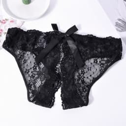 Sexy Slip met Kant - Open Kruis - Zwart Kant - Erotisch Design met Bloemen en Strik - One Size String - Dames Onderbroek - Lingerie / Ondergoed — thumbnail 1