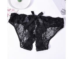 Sexy Slip met Kant - Open Kruis - Zwart Kant - Erotisch Design met Bloemen en Strik - One Size String - Dames Onderbroek - Lingerie / Ondergoed