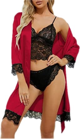 Body4Everybody - 4-delig - Nachtkleding set bordeaux L - nachtkleding - kimono - nachtjapon - badjas - ochtendjas - satijn - lingerie set - bodysuit - sexy - pyjama — thumbnail 2