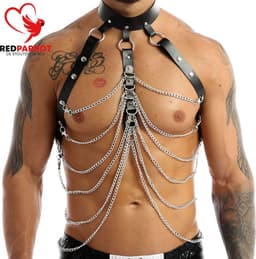 BDSM Harnas Met Halsband - Kettingen - PU Leder - Heren - Onesize - Verstelbaar — thumbnail 3