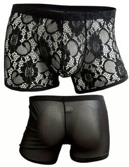 Zwarte Kanten Boxershort voor Mannen – Sexy Lange Pijpen Boxershort met Transparant Kant - Maat L - Black Transparent Lace Boxer Shorts for Men — thumbnail 2