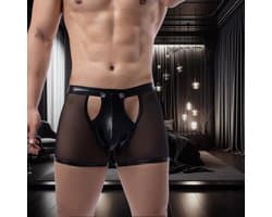 Transparante zwarte heren boxershort met open kruis - maat XL - black mesh openable crotch men's boxer shorts - erotische boxershorts mannen ondergoed