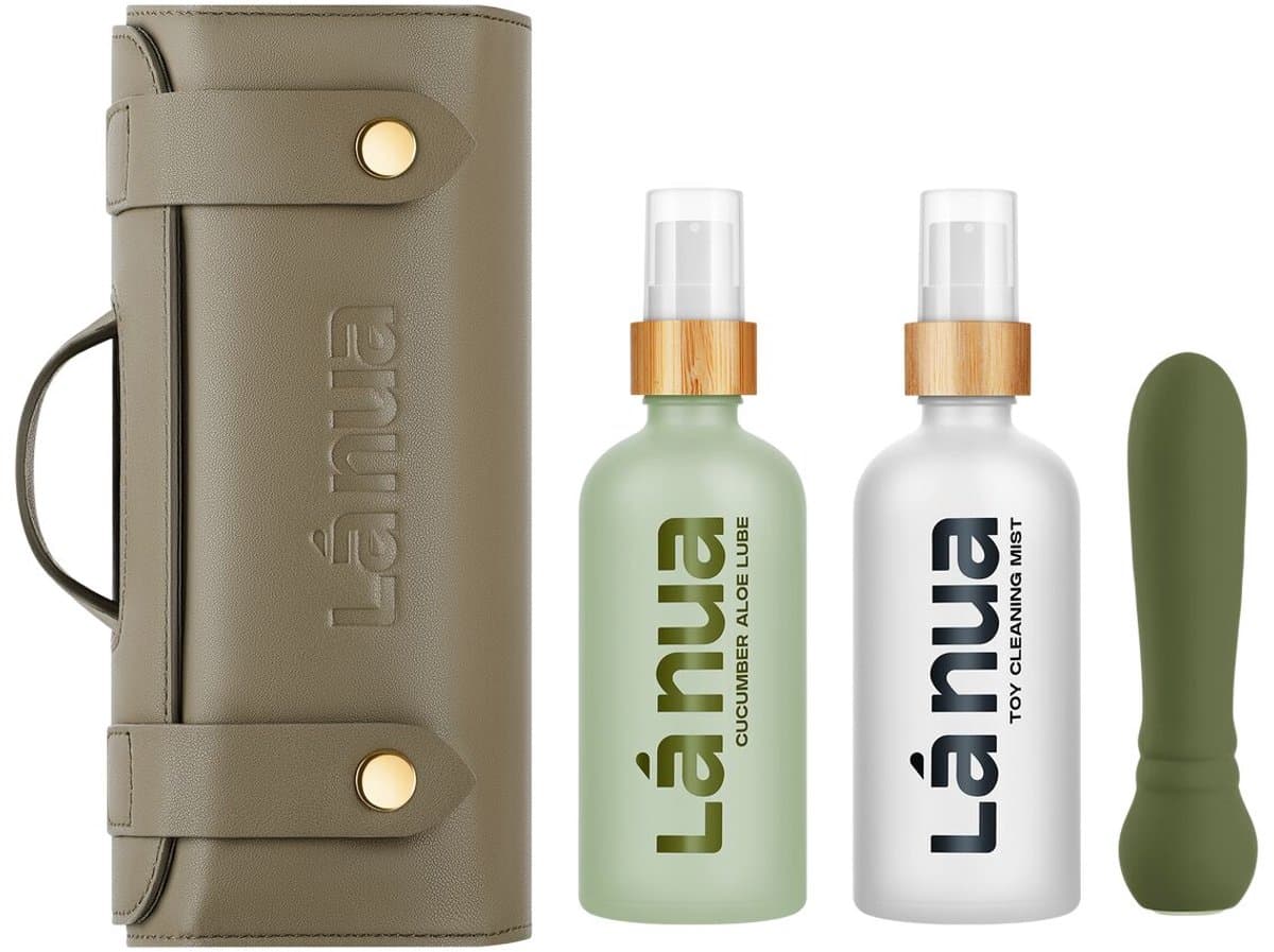 Lá Nua - Ontspannende Cadeau set met glijmiddel 100ml, vibrator en toy cleaner 100ml in reistas Cucumber aloe — afbeelding 1