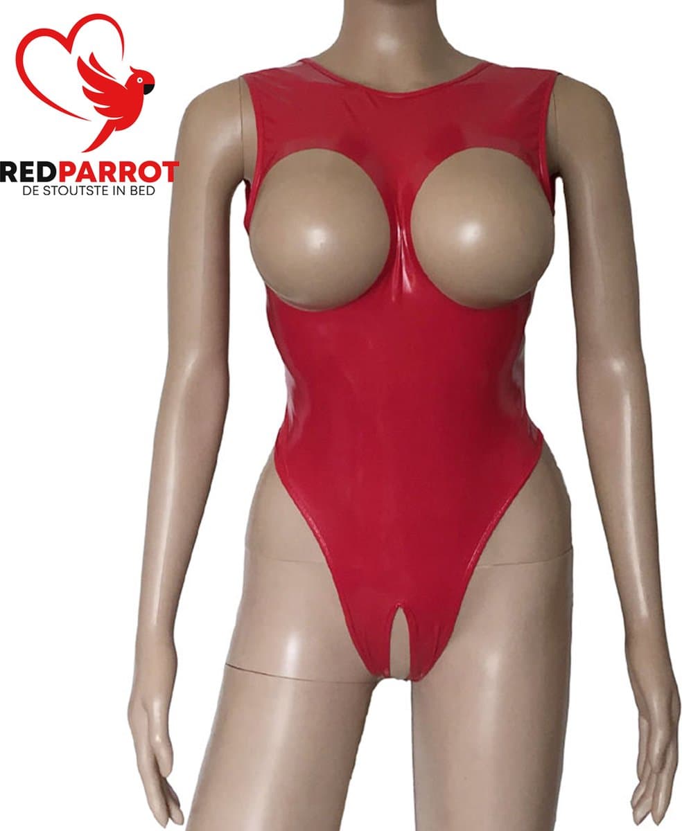 Open-crotch Jumpsuit Red Cherry - Latex turnpak - Borsten en kruis - Rode Lingerie - Erotische latex catsuit - Sexy bodysuit vrouwen - Open model — afbeelding 1