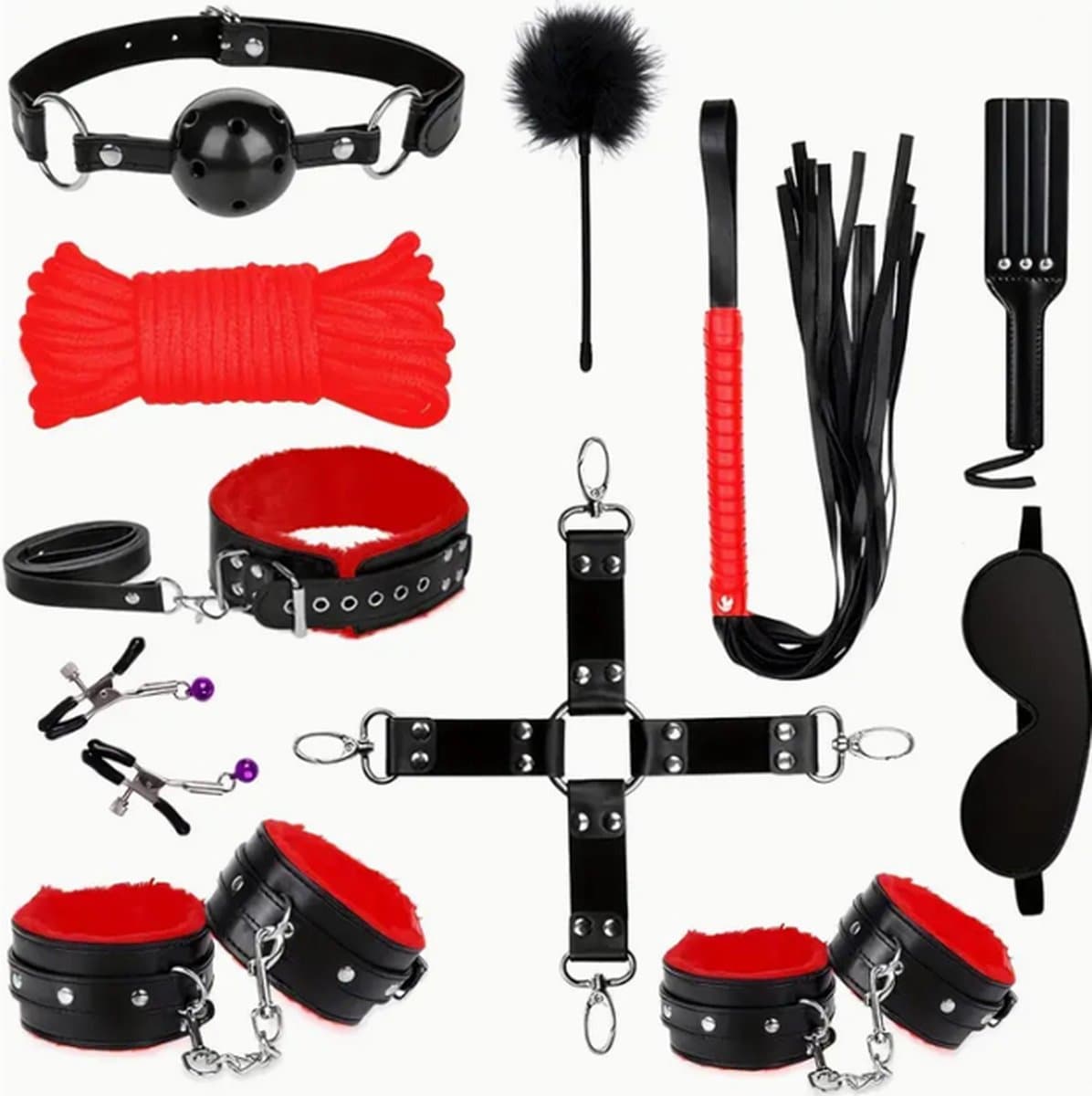 11 stuks BDSM Bondage Volwassen Speel Bondage Gag Blinddoek Spanking Paddle Veilig Bed BDSM Kit Boeien Nipple Clamps Whip Ball Gag Rope Role Play Sex Toy Voor Vrouwen Paar (Zwart) — afbeelding 1
