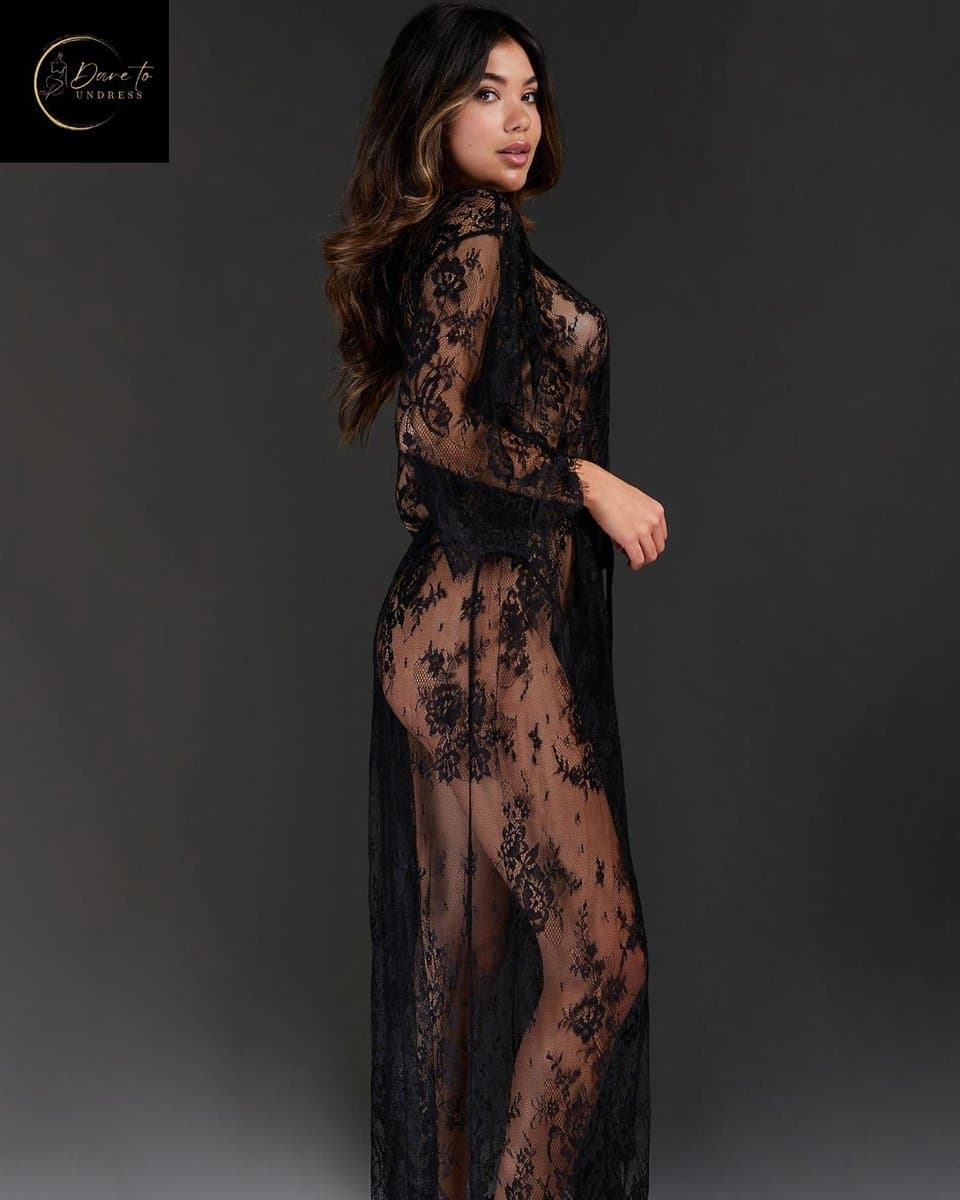 Luxe Erotische Kimono Dames – Sexy Lingerie – Lingerie Erotisch – Zwart – Transparante Kant Kimono – Verleidelijke lingerie & ochtendjas – High End – Chique – Clubwear – Satijn Strikceintuur– Elegante Nachtkleding – Dare to Undress – S, M, L, XL,XXL — afbeelding 1
