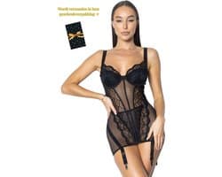 Luxe Lingerieset Dames – Sexy Lingerie – Erotische Lingerie Set – Corset Lingerie met Jarretels – Zwart Kant – Beugel BH – High Waist Lingerie – Boudoir Set – Chique – High End – Madam Hommard – Exclusief – Cadeau Set – Dare to Undress – XS, S, M, L