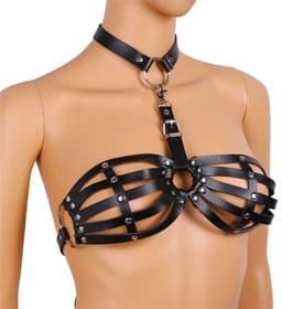 Leren Bondage BH met Halsband - BDSM & Erotische Feesten Lingerie - Zwarte Cage Bra - Sexy Harnas Dames - One Size — thumbnail 2