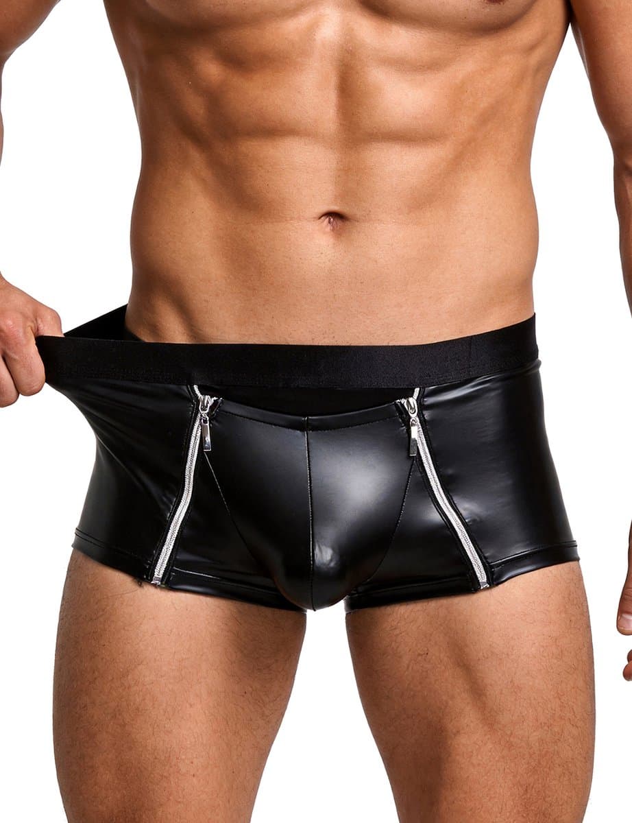 Sexy Heren Boxer Lederlook met Dubbele Rits - PU Wetlook Open Kruis Boxershort Mannen - Fetish & Clubwear - Maat XL — afbeelding 1