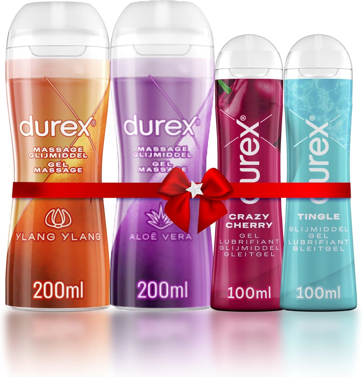 Durex - 4 Glijmiddelen - Waterbasis - 2 in 1 Aloë Vera 200ml - 2 in 1 Sensitive - Play Tingle Gel 100ml - Crazy Cherry (Kers) 100ml - Voordeelverpakking - Cadeau voor man en vrouw — afbeelding 1