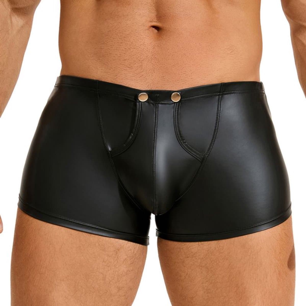 Sexy Heren Boxershort PU Leer met Drukknoopjes & Open Kruis – Uitdagend Zwart Wetlook Mannen Ondergoed — afbeelding 1