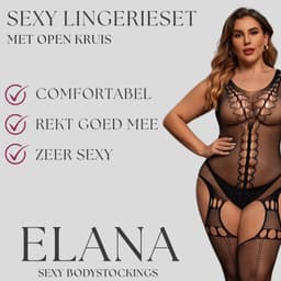 Elana Alessyne Plus Size Bodystocking – Zwart Visnet met Jarretel Look – Hoge Rekbaarheid – Full Body Lingerie — thumbnail 2