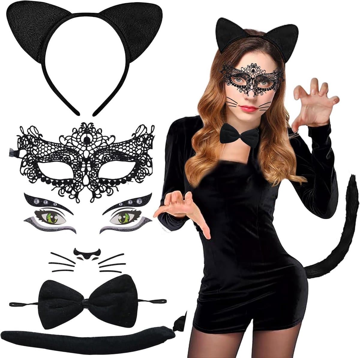 Complete Kattenkostuum Set voor Dames met Oren, Staart en Kant Masker — afbeelding 1