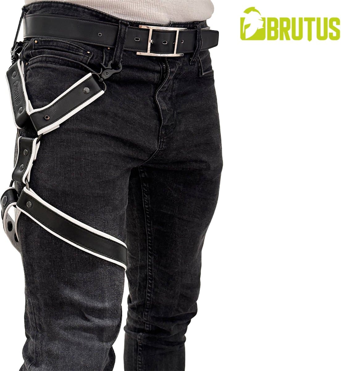 BRUTUS Leather Leg Harness Black-White — afbeelding 1