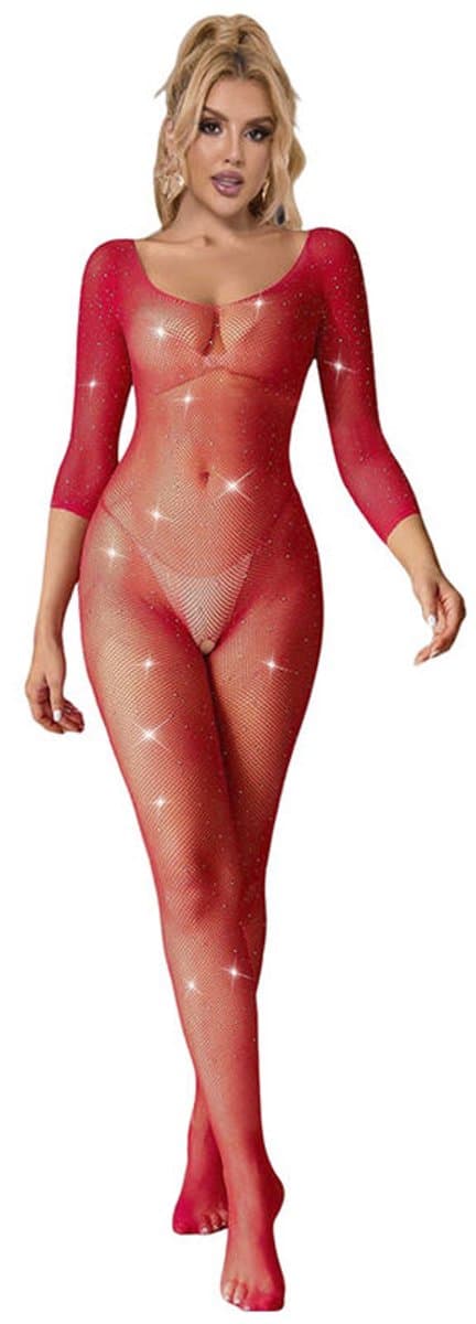 Subblime - 952419 Fishnet Bodystocking With Diamonds Long Sleeve Red Xs/M — afbeelding 1