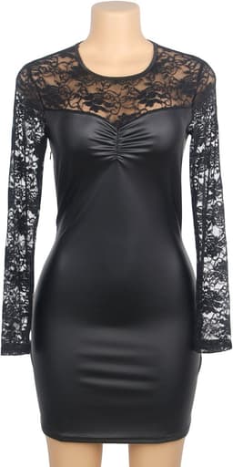 Zeloria PU Leren Jurk met Kant – Zwarte Sexy Bodycon Jurk met Lange Mouwen – Avondjurk / Party Dress Dames – S — thumbnail 11