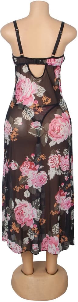 Zeloria Sexy Mesh Nachtjurk met Bloemenprint en Split – Transparante Lingerie Jurk met Kant en Slip – Verleidelijke Nightgown Dames – L — thumbnail 22