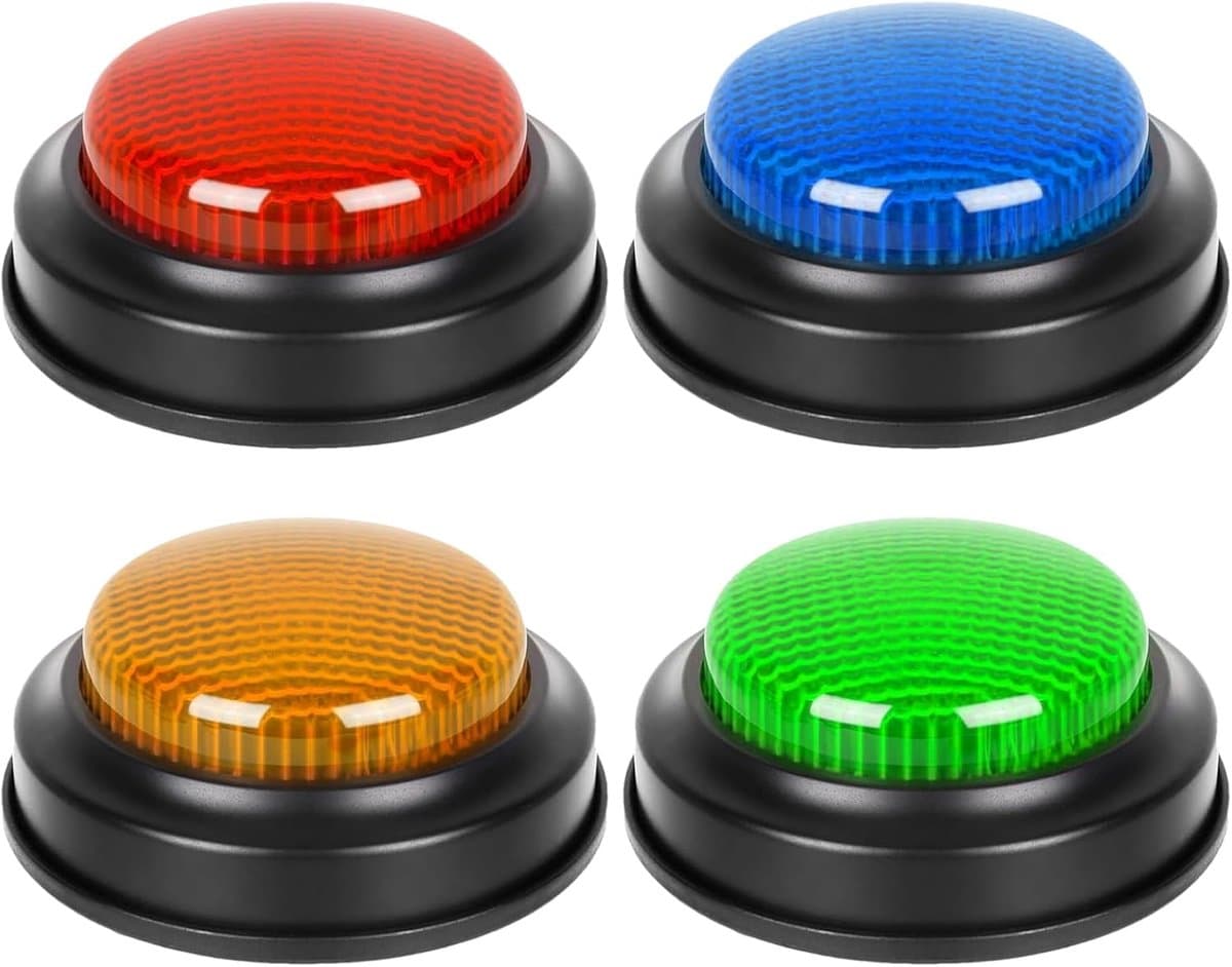 Spel Antwoord Zoemer - Quiz Geluidsknop - Spelshow Thuis - Vier Verschillende Geluiden - 9x9x3.5cm Per Knop — afbeelding 1