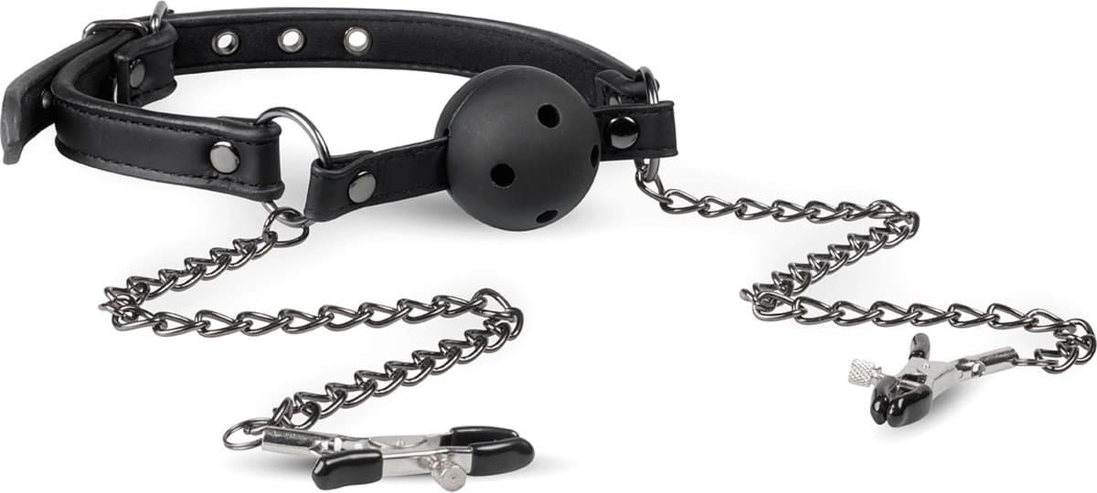 Open Ball Gag Met Tepelklemmen — afbeelding 1