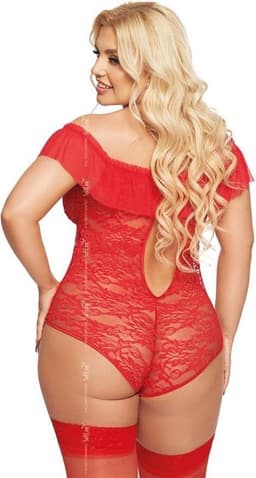 Softline - Kamila - Dames Lingerie Plus Size - Kanten Jurkje - Super Strakke Doorschijnende Chemise - Sexy Kanten Lingerie Set met Bloemen - Grote Maat - Uitdagende Bodystocking - Erotisch Setje - Rood - XL — thumbnail 3