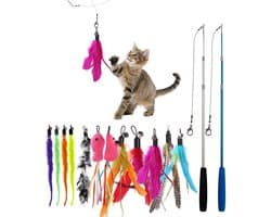 14 stuks kattenspeelgoed met veren, interactief kattenspeelgoed, veer, kattenvissen, stabiel met 2 schaalbare staven en 12 veren speelgoed met bellen voor kittens en katten