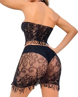2-Delige Kanten Lingerie Set Dames – Halter Crop Top & Minirok met Franjes – Zwart – One Size – EU S/M — thumbnail 4