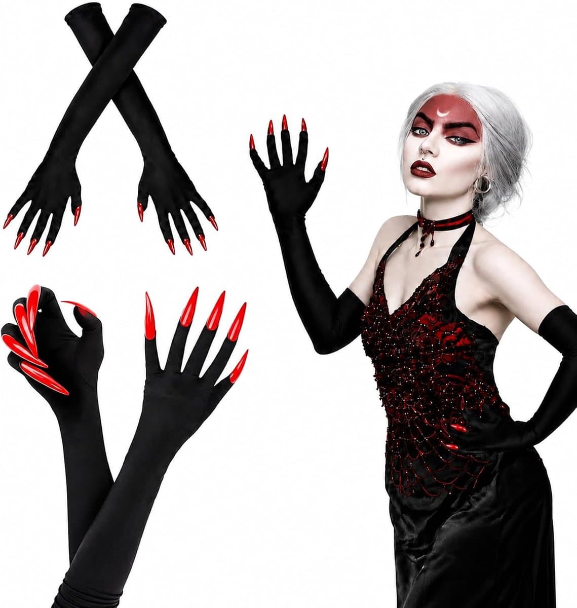 Handschoenen Halloween - Halloween lange poothandschoenen zwart met rode nagels, uniseks voor dames en heren, cosplay heksenhandschoenen, elastische griezelhandschoenen — afbeelding 1