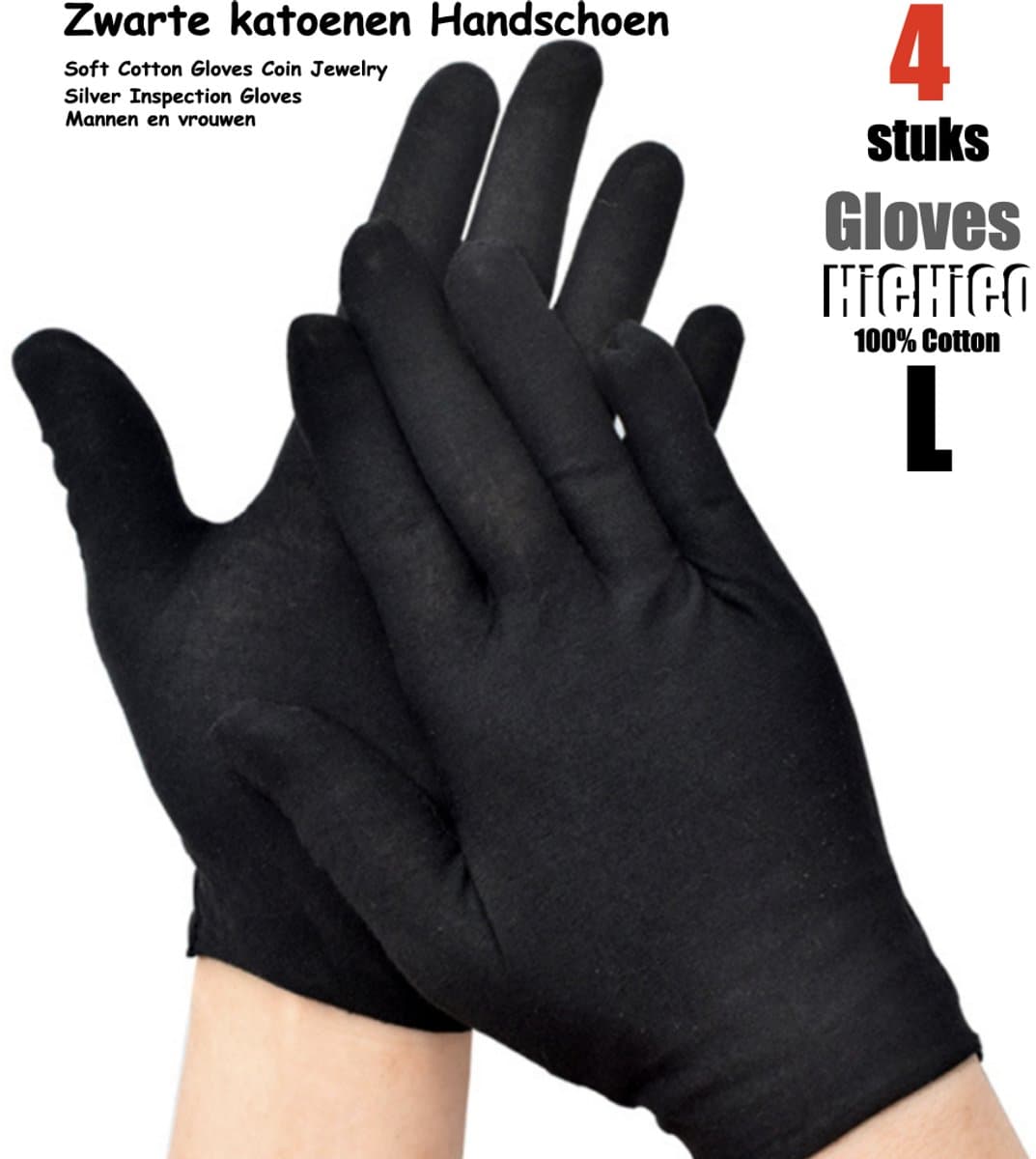 Katoenen handschoenen Zwart L - 4Stuks/2Paar Beschermende Handschoenen - Gezondheidszorg - Ziekenhuis - Beauty Center - Kapper - Salon Spa Tattoo – Jewelry - Eczeem - Allergie - Handcrème - Juweliers - Munt handschoen — afbeelding 1