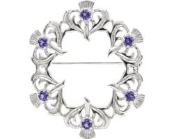 Castle Dames Broche met Schotse Distel in 925 Sterling Zilver met Echte Amethist en Sieradendoosje – Schots Cadeau voor Vrouwen