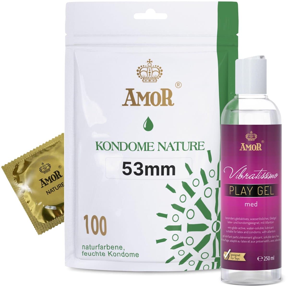 Set AMOR Premium Condoom en Glijmiddel - Ideale partners voor goede seks, 100 Nature Condooms Ø 53 mm + Vibratissimo Play Gel med 250 ml — afbeelding 1