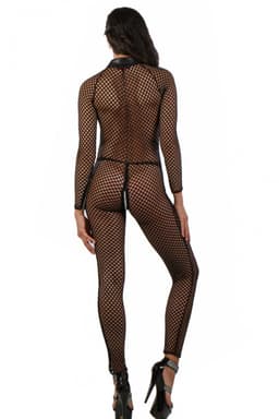 Fishnet catsuit, zwart met ritsen S/M — thumbnail 2
