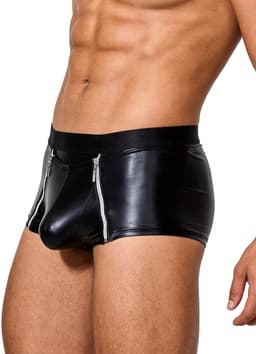 Sexy Heren Boxer Lederlook met Dubbele Rits - PU Wetlook Open Kruis Boxershort Mannen - Fetish & Clubwear - Maat M — thumbnail 3
